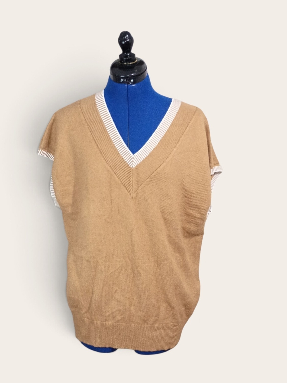 Classic Camel V-Neck Sweater Vest with White Trim